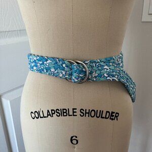 Lilly Pulitzer Woven Braided Cotton Belt Silver O-Ring Buckle Blue White Size S
